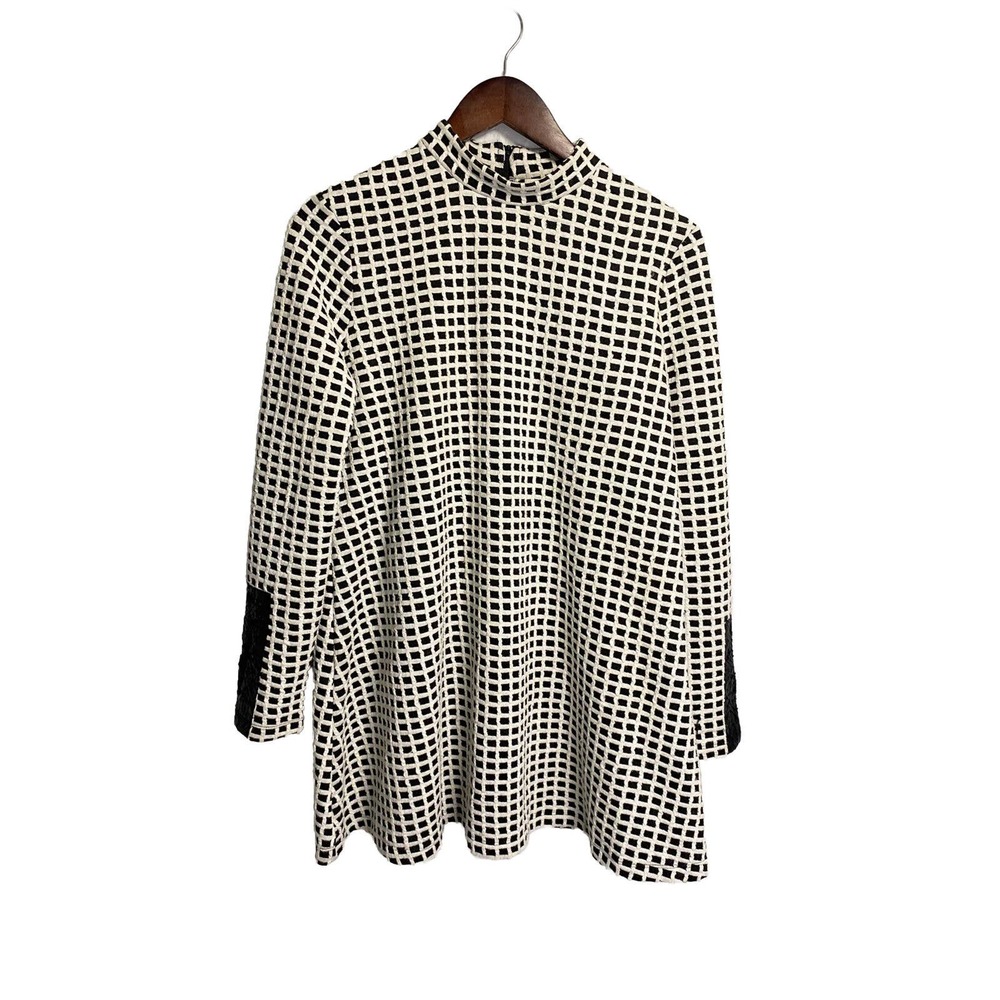 Tyler Boe Womens Oversized Checkered Geometric Tunic Blouse Black White Sz Small